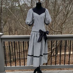 Vintage 80s Gingham Cottagecore Bow Ballon Sleeve Victorian Gown Tea Dress